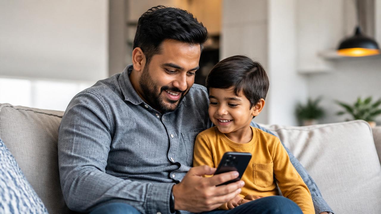 Father using a phone with their child on the sofa